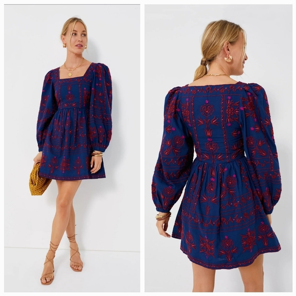 NWT Navy Petunia Embroidery Long Sleeve Square Neck Dress Size 2 by Sea New York - Picture 7 of 11